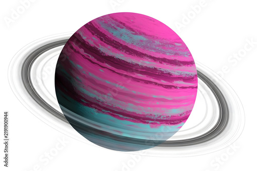 Pink and cyan gas giant planet with ring system isolated on white.