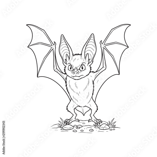Cute cartoon bat standing with open wings drawing