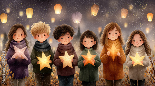 Children holding glowing star lanterns during saint martin's day celebration, participating in a festive autumn evening parade with flying sky lanterns