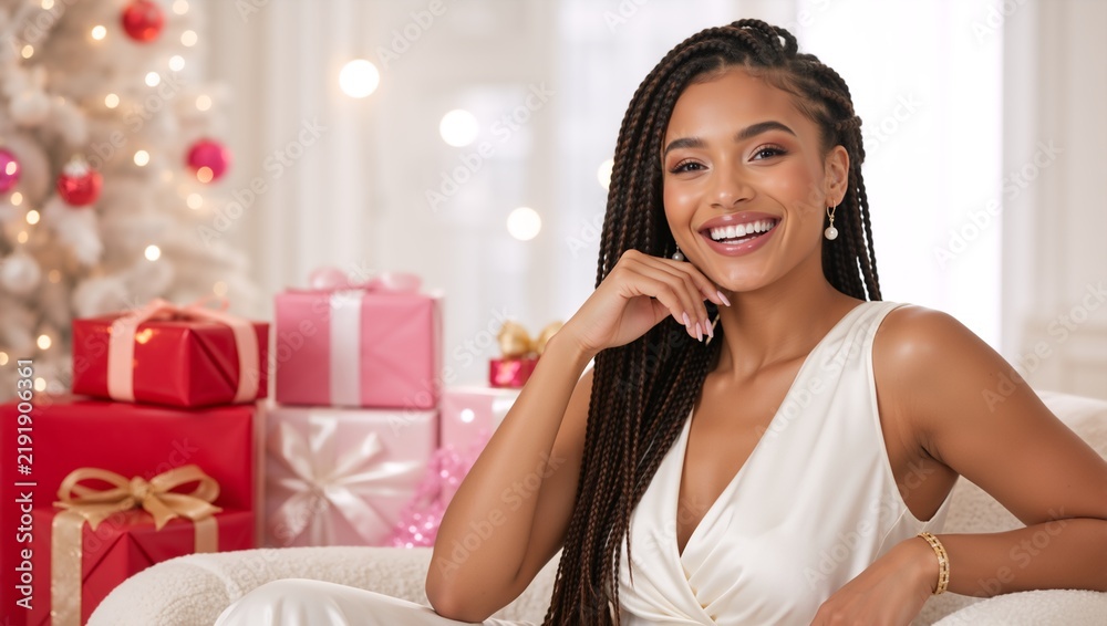 Obraz premium Smiling young Black woman with braided hair. Festive Christmas background with white tree and wrapped gifts. Holiday celebration concept