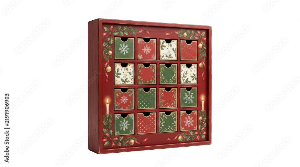 Obraz premium Wooden christmas advent calendar with small drawers isolated on transparent background