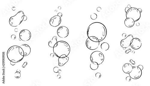 Set of vector illustrations of bubbles of various shapes, drawn in black ink. Fizzing water drops on topics such as cleaning products, drinks, science, abstract design.