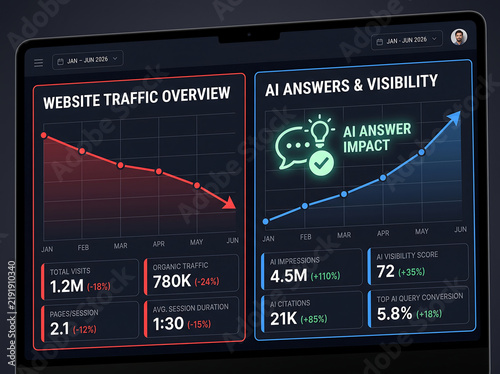 Digital dashboard displaying website traffic analytics and ai search metrics