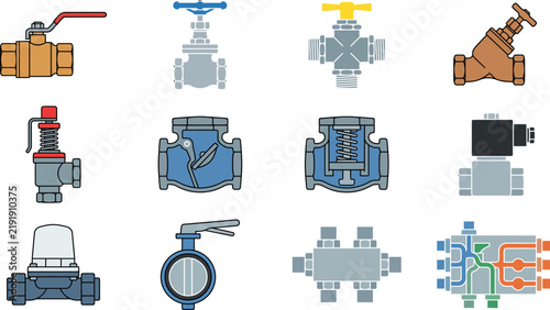 Картината върху платно Diverse set of industrial valves and pipe fittings flat vector illustrations for