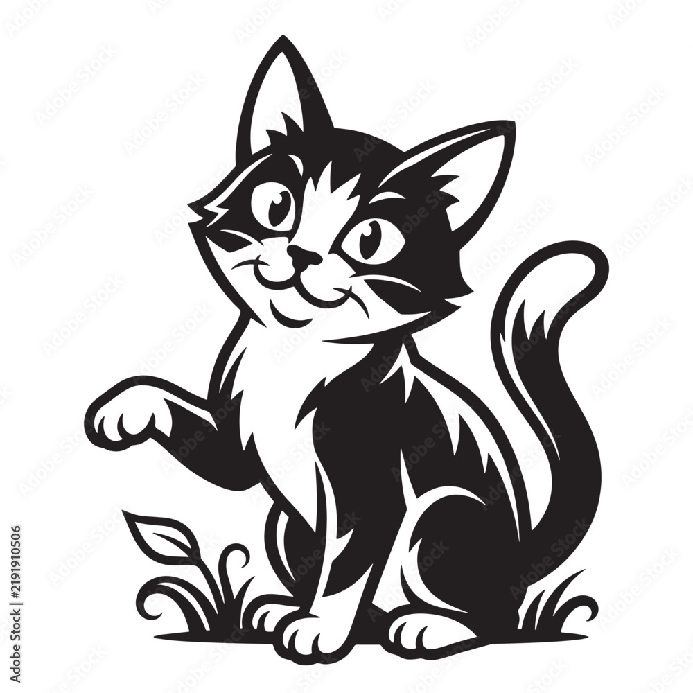 Obraz premium Cute black and white cat vector illustration playing in grass with paw raised