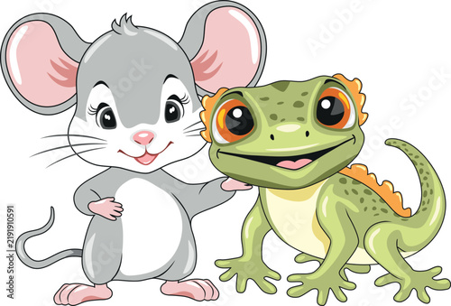 Little mouse and gecko are best friends. Vector.eps