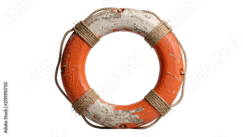 Bild auf Leinwand Weathered orange and white life preserver ring with rope, isolated on transparen