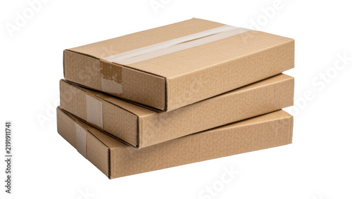 Canvastavla Stack of three flat cardboard boxes sealed with tape, isolated on transparent ba