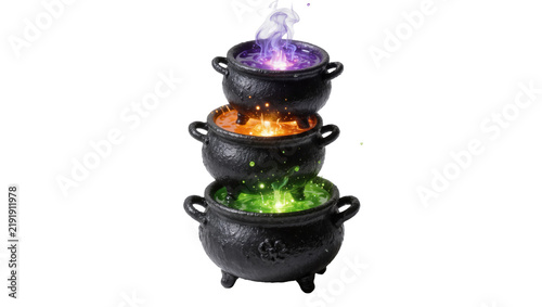 Obraz na plátně Three stacked black cauldrons bubbling with colorful magical potions, isolated o