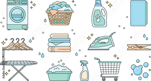 Bild auf Leinwand Laundry and house cleaning service vector icon set featuring washing machine lau