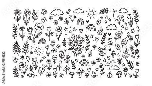 Hand Drawn Floral Doodles with Rainbows Sun and Leaves in Vector Design and Illustration Style Elements