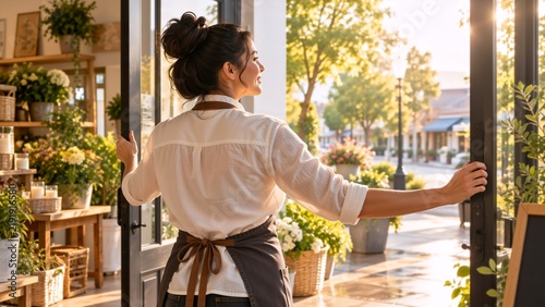 small business owner reopening welcoming shop after challenging times, over-the-shoulder composition facing a bright destination or open landscape, morning light, recovery with understated positivity