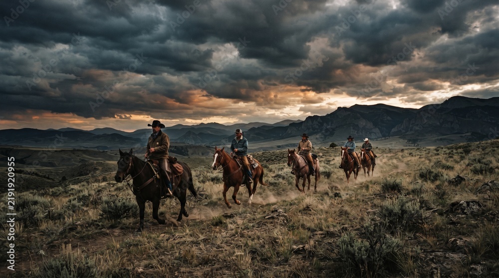 Fototapeta premium Group riding horses across rural landscape under dramatic overcast sky