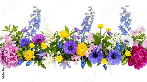 Garden flowers floral border arrangement isolated on black background, horizontal bloom garland featuring pink peonies, purple anemones, yellow ranunculus, blue delphinium, and white astilbe
