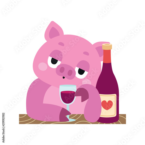 Cute sad pig drinking red wine isolated on white background. Funny piggy cartoon character with wine glass and bottle for heartbreak, solitude, alcohol, bad date, and humor design