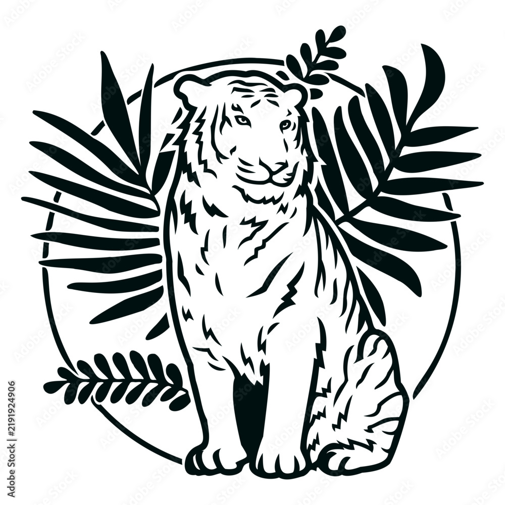 Obraz premium Tiger sitting with plants stroke