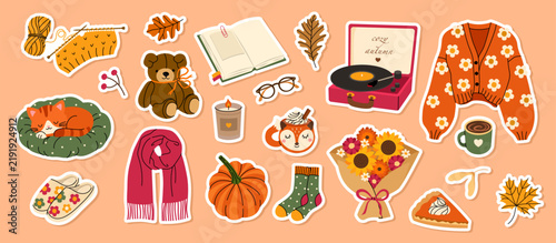 Autumn sticker collection of cozy home elements includes sweater, scarf, socks, pumpkin, vinyl record, hot drink, pie, knitting, flowers and book. Perfect for planners, cards and seasonal decor.
