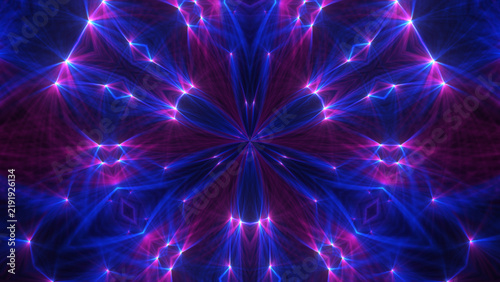 Futuristic neon blue and purple laser light kaleidoscope pattern on dark background.