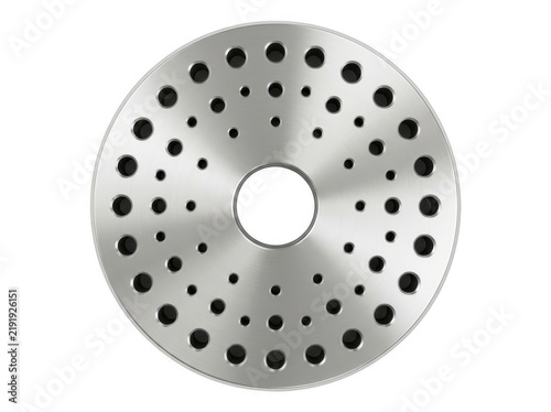 Round metal perforated plate with evenly spaced holes and central circular cutout.