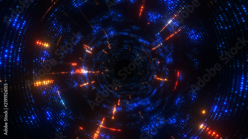 Travel through abstract dotted technology digital tunnel. Circle shape.