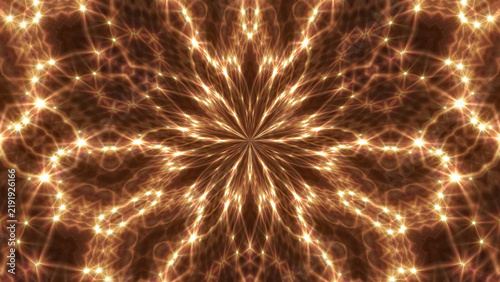 Golden glowing laser light kaleidoscope mandala pattern on dark background.