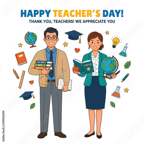 Teacher couple holding books and graduation caps celebrating teachers day with educational props