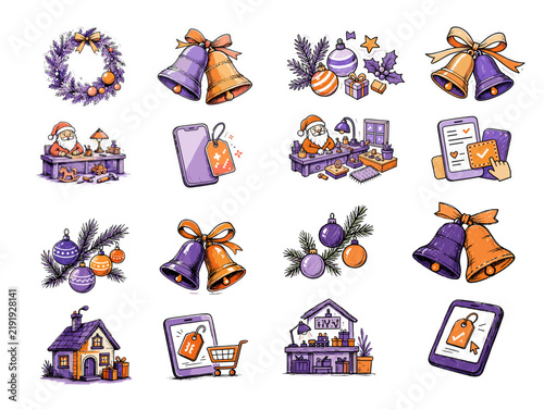 Christmas themed illustrations of bells, ornaments, and gifts  
