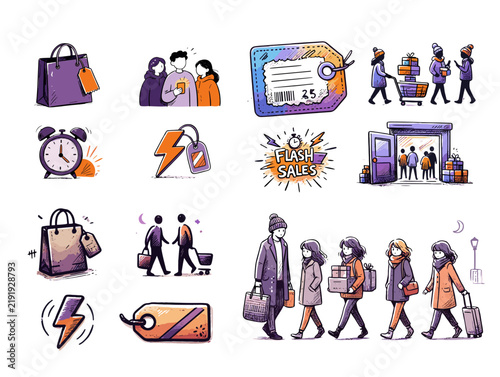 Shopping icons with people participating in a flash sale event .  Black Friday, Midnight shoppers, Flash sales  