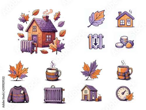 Cozy home illustration with autumn leaves and seasonal items  