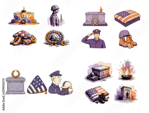 Illustrations of Military Symbols and Memorials in Honor of Veterans.  Veterans Day, Military cemetery
