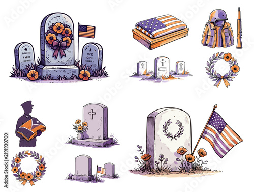 Memorial illustrations with flags, graves, and patriotic symbols  