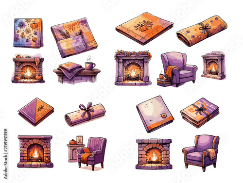 Cozy home decor elements with fireplace and purple accents.   
