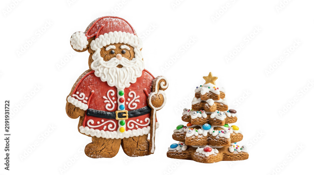 Fototapeta premium Gingerbread santa claus cookie and a decorated christmas tree cookie isolated on transparent background