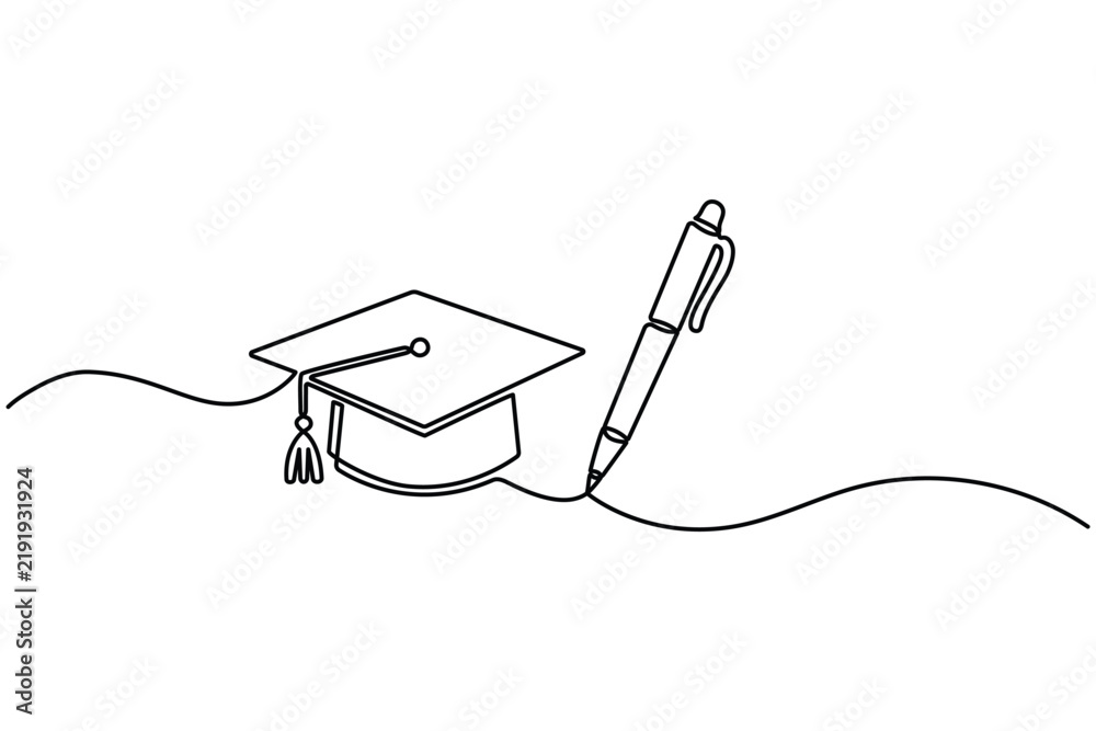 Fototapeta premium Continuous Line Art Drawing of Graduation Cap and Pen for Education Concept