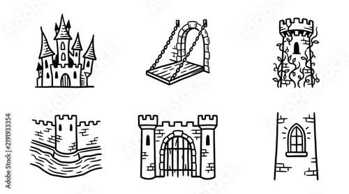 Set of hand drawn castle and medieval fortification icons