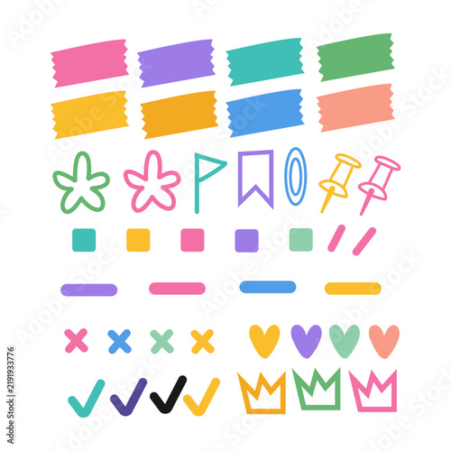 Hand drawn doodle set with banners, flags, bookmarks, pins, hearts, check marks, crowns and decorative shapes.