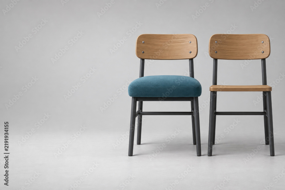 Fototapeta premium Two chairs with upholstered and wooden seats. Space for text.