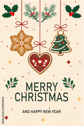 Christmas greeting card with gingerbread snowflake, tree and heart ornaments, holly branches and festive lettering.