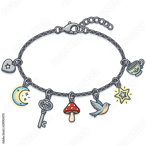 Silver Charm Bracelet Vector Illustration with Whimsical Pendants