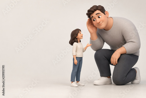 Adult man kneels to listen to a young girl. Space for text.