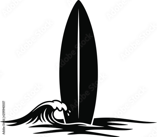 Black surfboard silhouette with ocean waves isolated on transparent background
