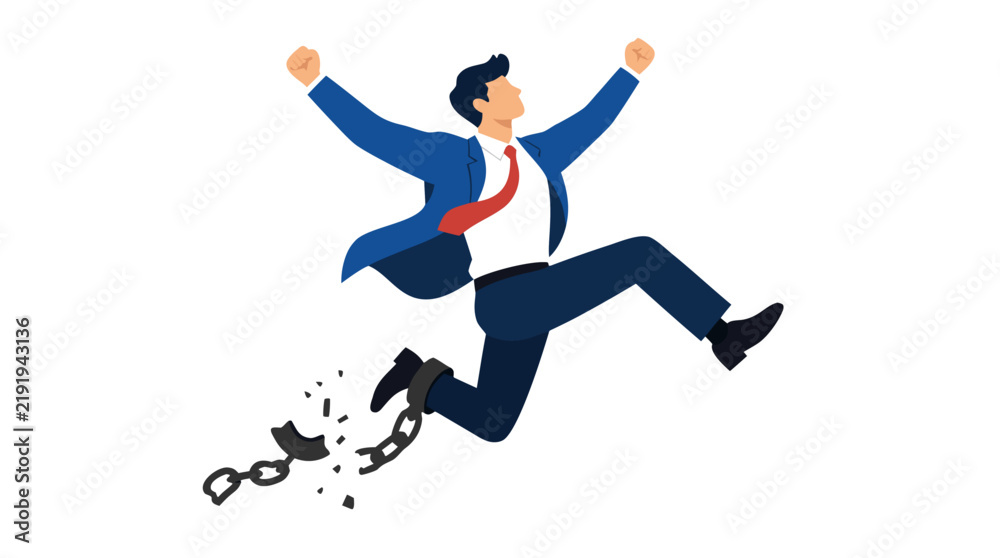 Fototapeta premium Joyful corporate businessman leaping triumphantly into midair while shattering a heavy metal shackle chain off his ankle vector illustration representing career freedom and release