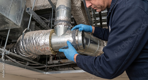HVAC Technician Installing Commercial Air Duct Connection