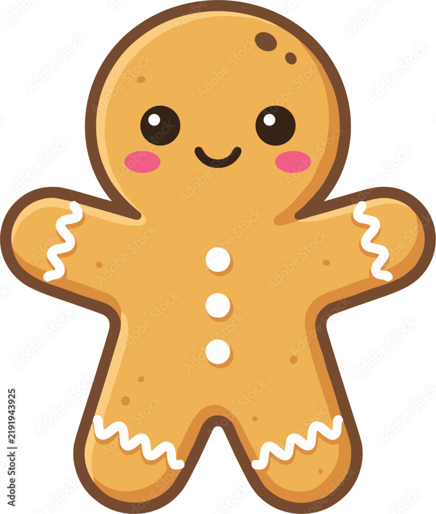 Obraz premium Cute smiling gingerbread man Christmas cookie cartoon character illustration flat vector element isolated on white