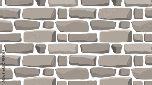 Seamless repeating masonry pattern of stacked rectangular stone blocks in warm gray tones with soft bevelled shadows, realistic architectural rock wall vector illustration on white backdrop