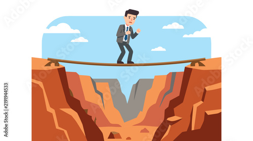 Frightened businessman in grey suit trembling while balancing on a narrow wooden plank bridge across a deep desert canyon chasm, corporate risk flat vector illustration on white backdrop