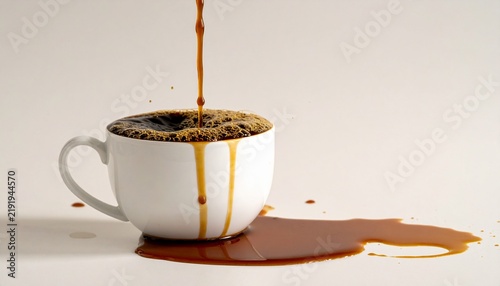 Black Coffee Pouring and Overflowing from White Cup with Spill on Surface