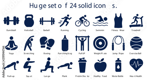 Huge Set of 24 Solid Fitness Icons – Sport, Gym, Training, Workout, Exercise and Wellness Vector Collection