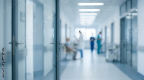 Blurred background of modern hospital corridor with medical staff and patient