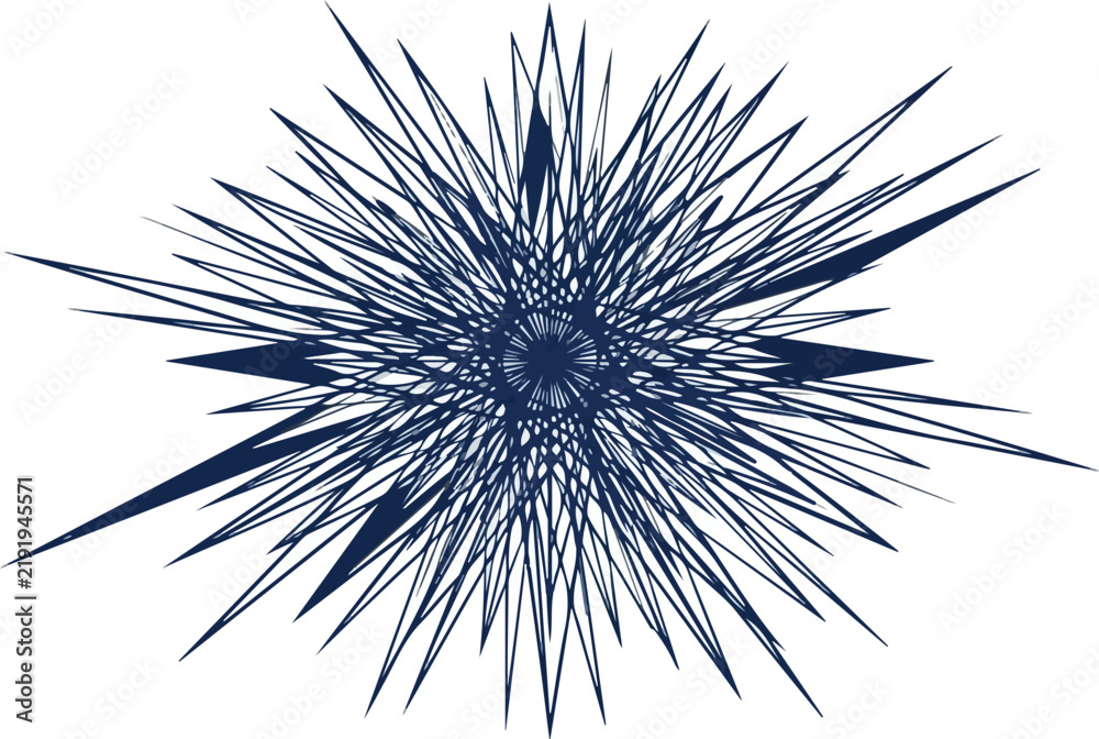 Fototapeta premium Abstract dark blue spiky starburst geometric shape bursting outward on a clean white background